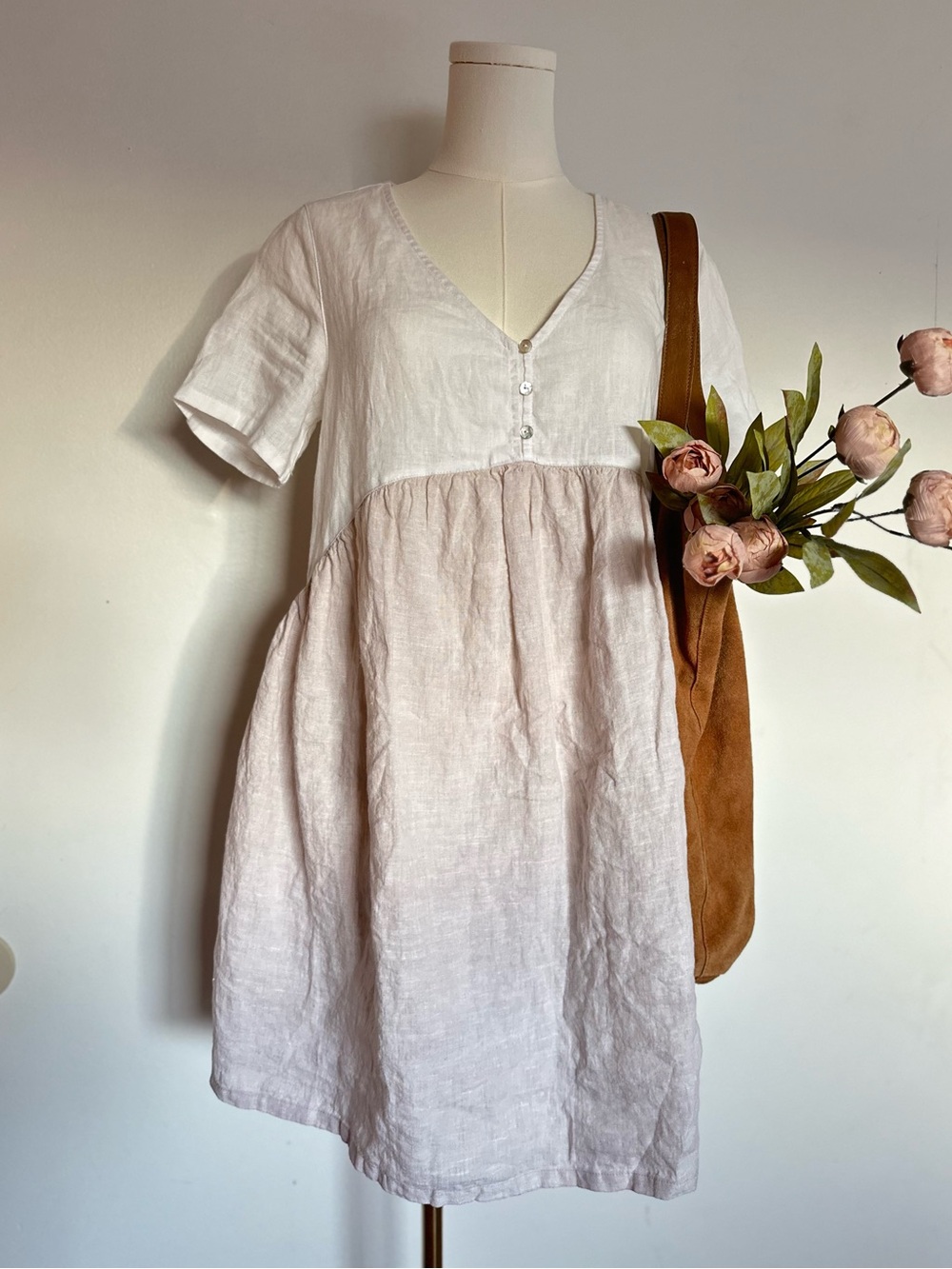 Cynthia Rowley 100% Linen Babydoll Oversized Lagenlook Two-Tone Dress Size S